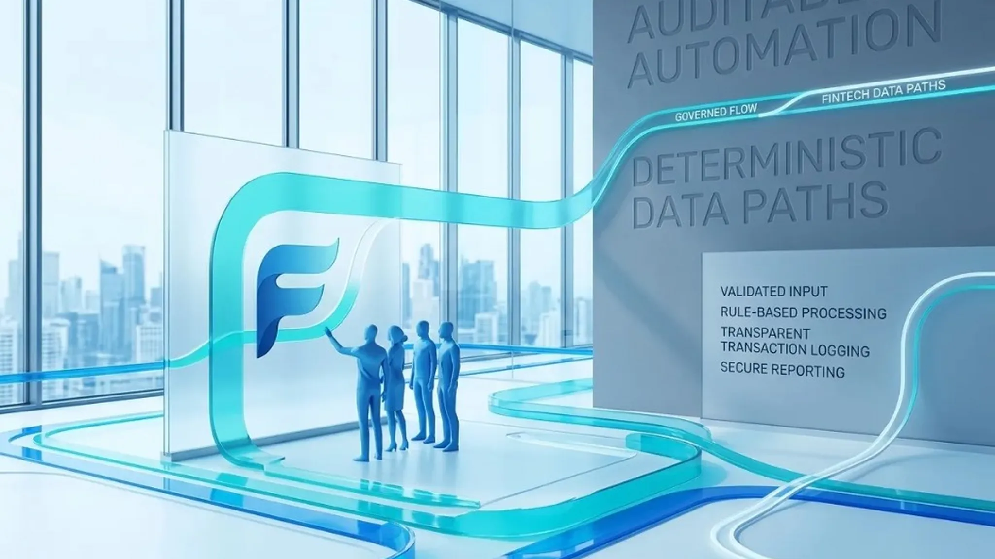 Team in a bright glass office with cyan governed data paths, Fontana logo on glass, and auditable automation motifs