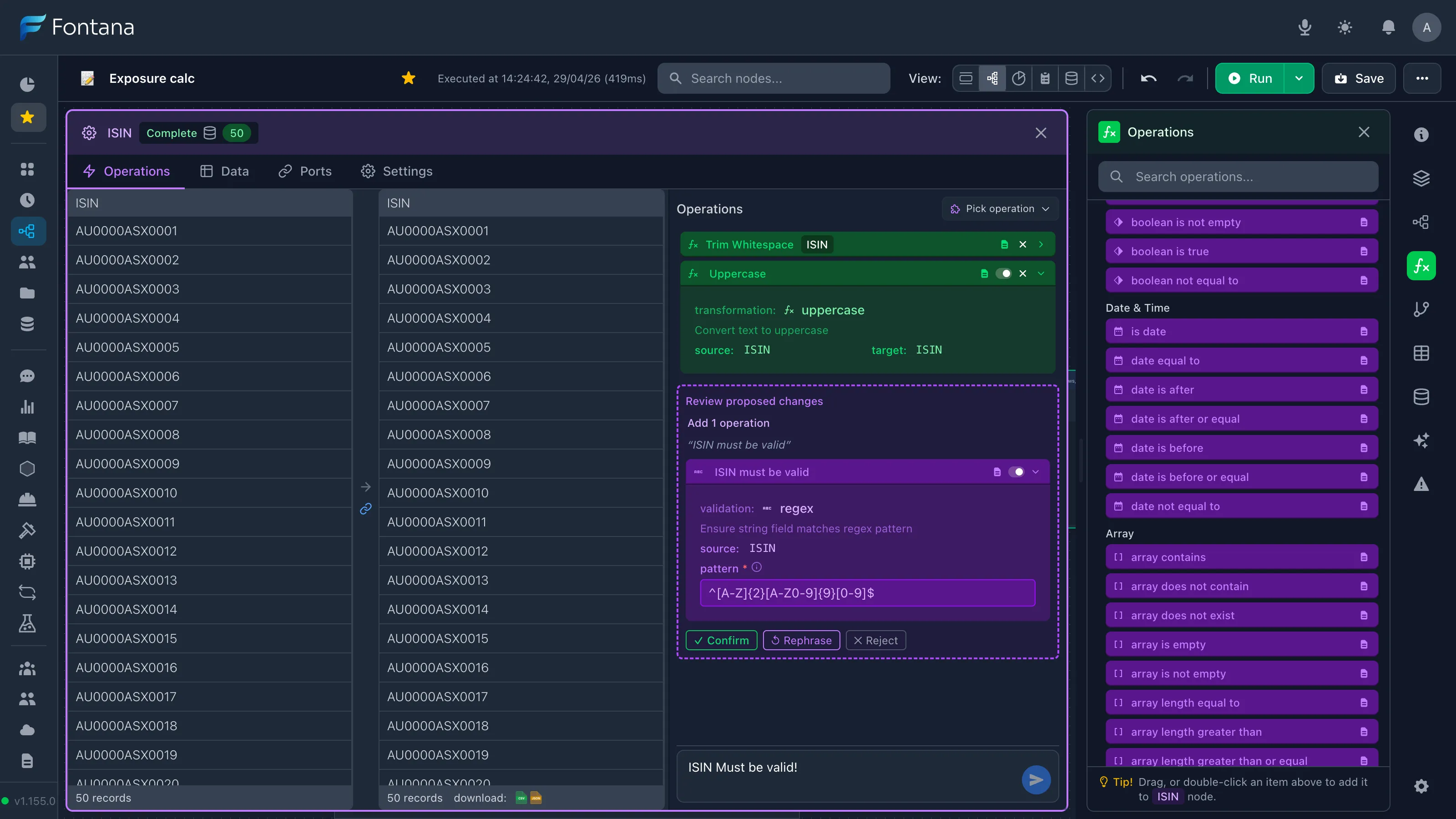 Fontana Flow workflow canvas running operational validation and transformation steps