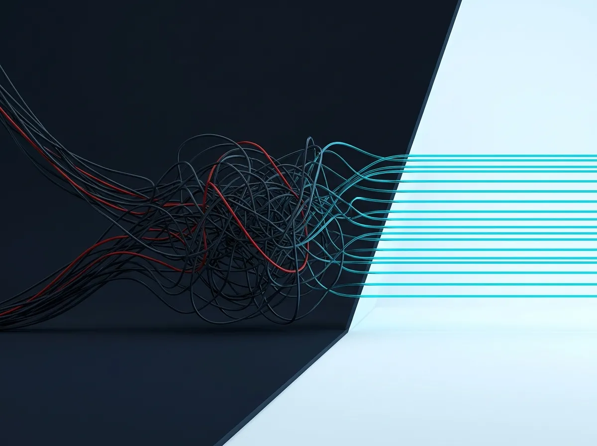 Single continuous data flow split diagonally: dark chaotic before on the left, bright clean parallel glass lines on the right