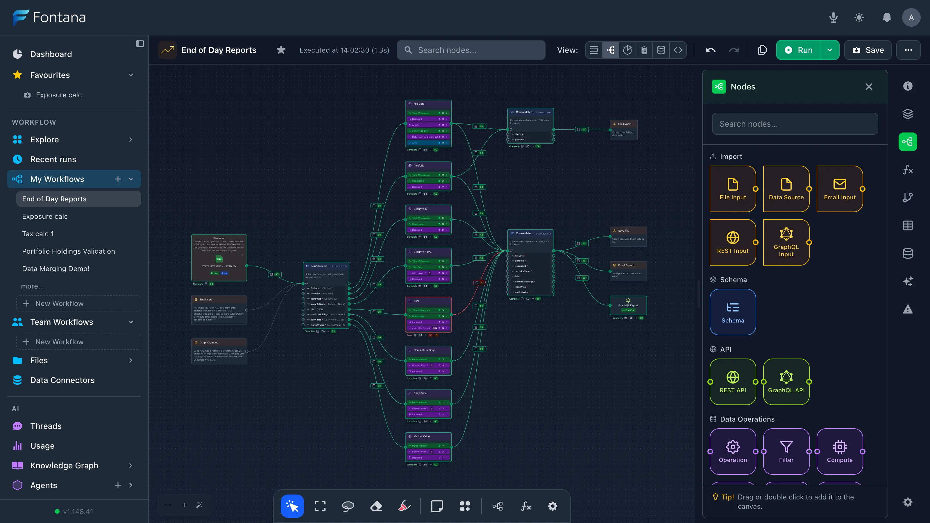 Fontana workflow canvas with governed node graph for end-of-day reporting.