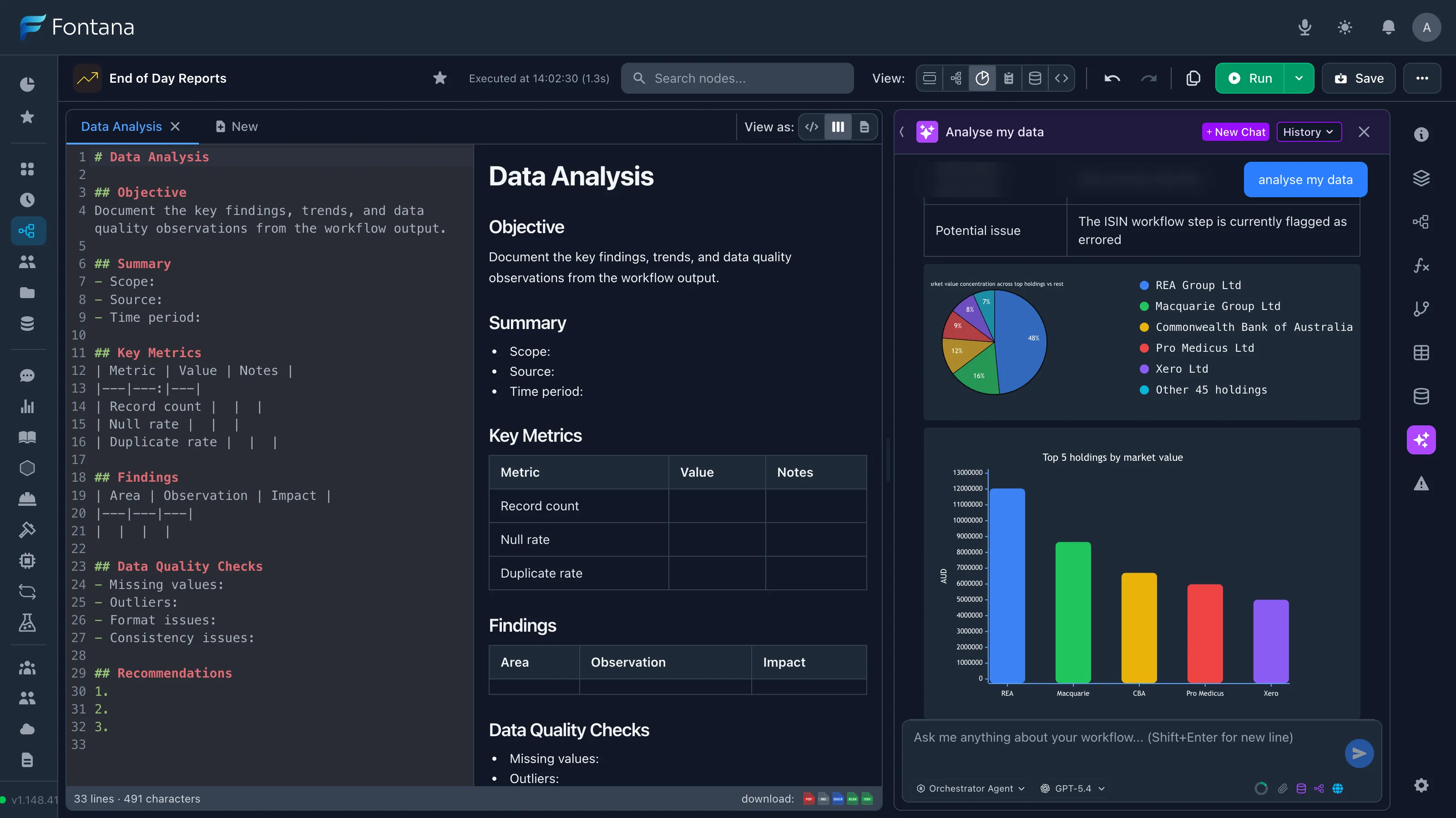 Fontana Flow analysis view with live queries and review-ready documents
