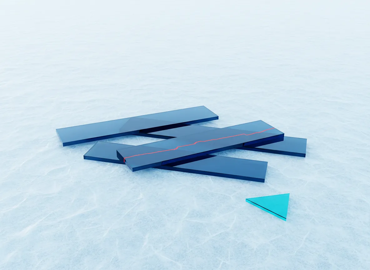 Scattered navy glass slabs with a red fracture line and an isolated cyan triangle