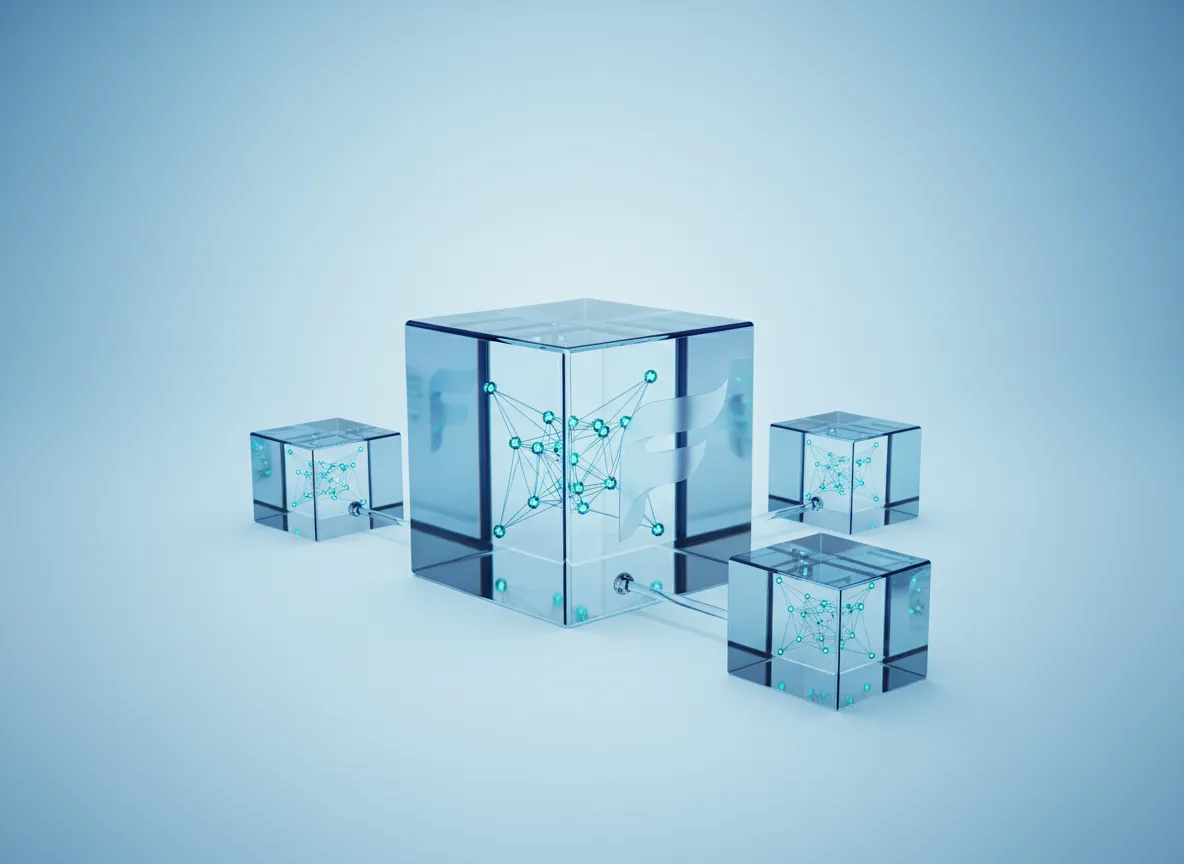 Glass cube with an internal neural network, engraved logo, and channels to peer cubes
