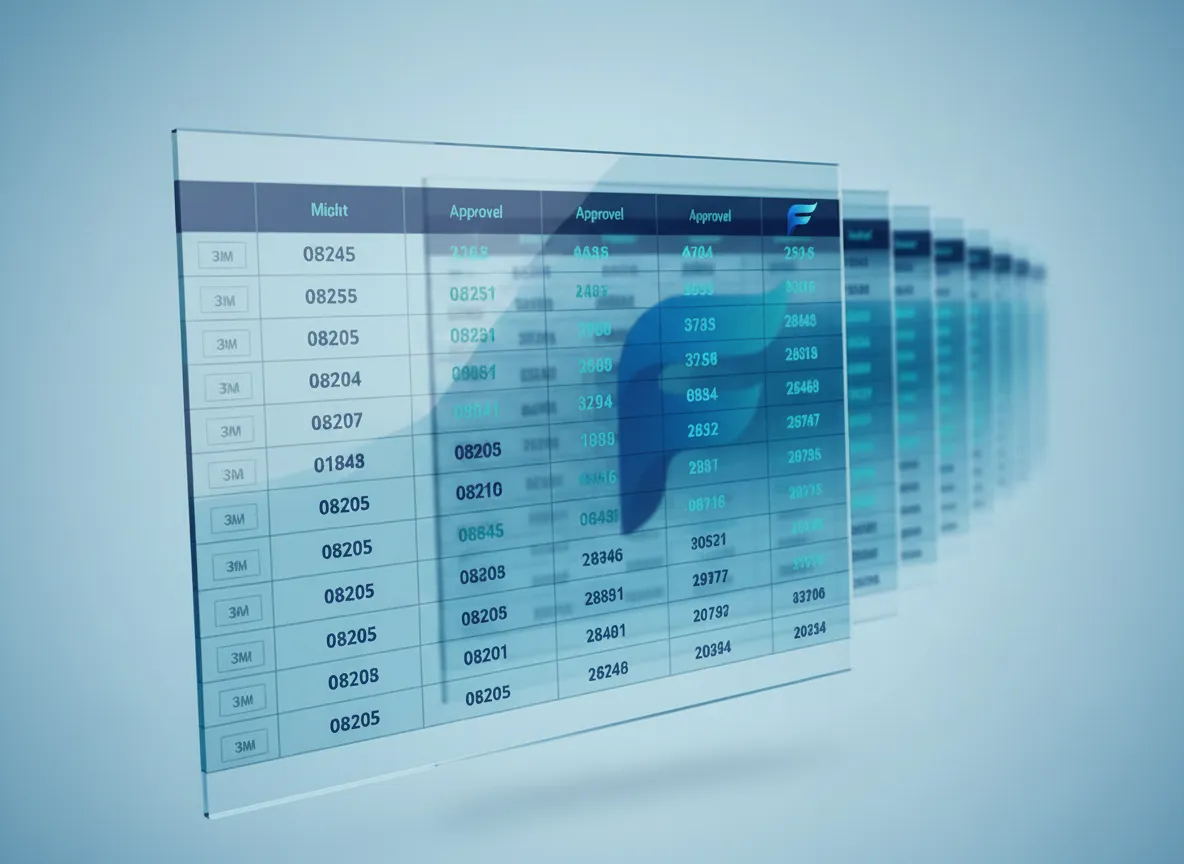 Approved glass spreadsheet in perspective with fading audit sheets and a small mark in the sheet header corner