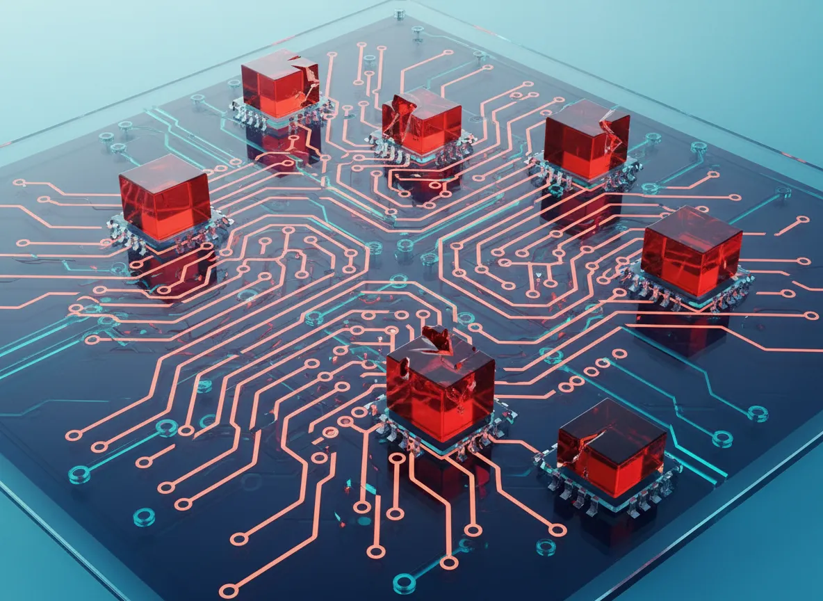 Red luminous lines crossing a glass circuit board through red glass checkpoint boxes